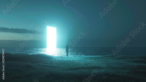 Surreal concept of giant luminous portal in open sea landscape photo