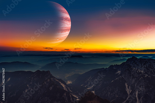 outer world beautiful scenery, wonderful alien landscape digital background for desktop. colorful sky with exoplanets in the mountain and river during sunset. 3d illustration.