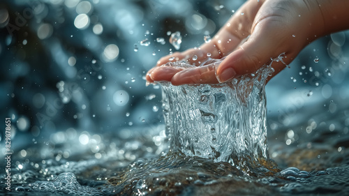 Close-up of hand scooping water from a body of water. Macro shot capturing motion and fluid dynamics. Nature and purity concept for poster and print.