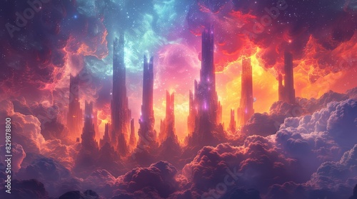 A fantastical landscape featuring towering, translucent spires that reach towards a sky filled with swirling colors. The ethereal and surreal scenery is depicted with simplicity and elegance in this photo