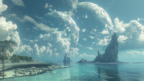 An extraterrestrial vista where massive, floating islands hover above a tranquil sea. The minimalist approach in this digital artwork emphasizes the awe-inspiring and otherworldly nature of the scene.