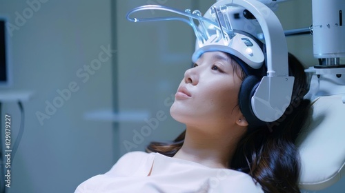 Individual receiving transcranial magnetic stimulation TMS as a treatment for resistant depression