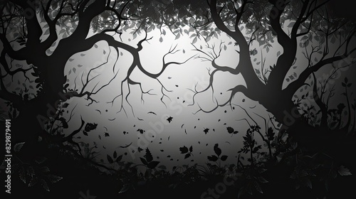 [flat 2d vector illustration of the forest scene, nature style, made of leaves, darker around edges, blacker background, darker background, no bloom, no glow, 