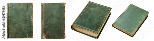 Mockup of isolated books with blank green cover on a transparent background. Set of 4 classic antique old books in front view and isometric view. Volume 2.