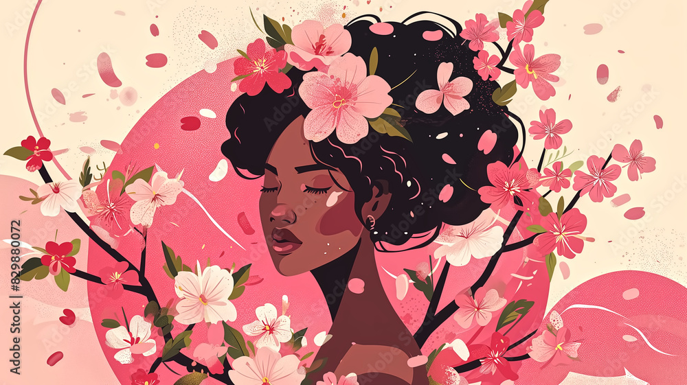 Portrait of woman with closed eyes adorned with pink flowers. Digital illustration in pastel tones. Floral beauty and nature concept for poster and print Portrait of woman with closed eyes adorned with pink flowers. Digital illustration in pastel tones. Floral beauty and nature concept for poster and print