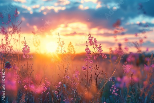 Beautiful blooming wild high grass in nature at sunset 