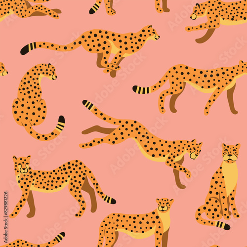 Graceful figures of cheetahs in motion, running, hunting, jumping on pink background. Vector seamless pattern for children's clothing, zoo animal tropical playroom decor.