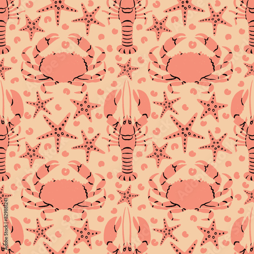 Cute seamless pattern with crab, crawfish and starfish on coral background. Kids design for a brochure, fabric, wallpaper with an beach, animal theme.