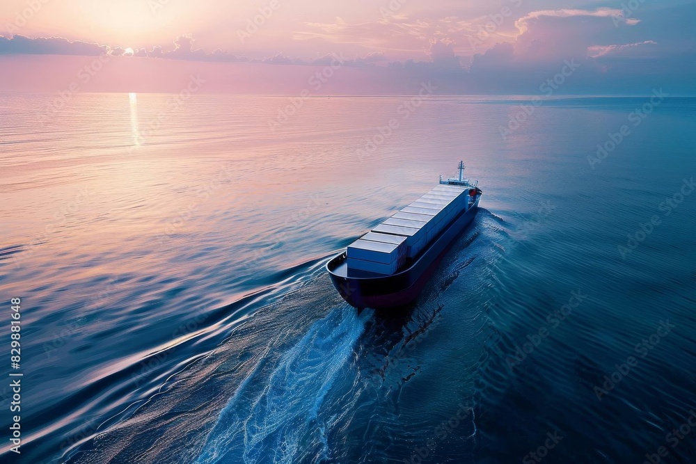Naklejka premium Automated cargo ship navigating international waters, emphasizing global trade and autonomous maritime technology