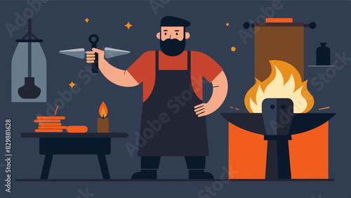 A blacksmith proudly displayed his forged iron goods telling stories of the history behind each piece and the techniques passed down for generations.. Vector illustration