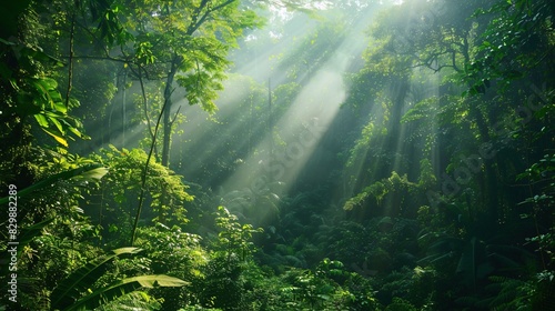 Lush Green Forest with Sunlight Rays for Environment Day and Sustainability