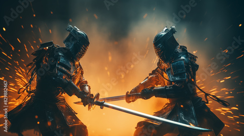 two knights in armor holding swords in front of a fire