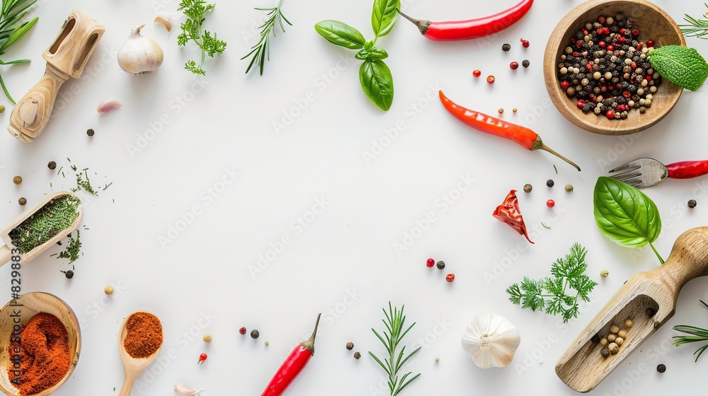 Nice Food background with spices, herbs and utensil on white background. Generative Ai Nice Food background with spices, herbs and utensil on white background. Generative Ai