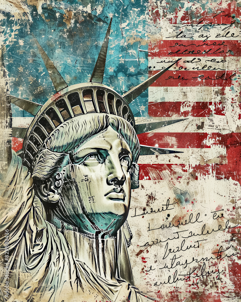 Obraz premium Vintage Statue of Liberty and American Flag on Distressed Background