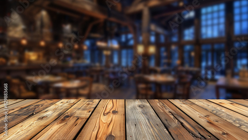 Featuring an unoccupied wooden table with blurred background of chic restaurant at night provides an excellent space on table for food-related displays, stylish and lively atmosphere of restaurant. photo