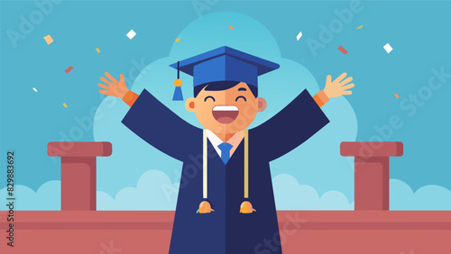 A student beaming with pride as they pose for a photo in their graduation gown and cap excitedly imagining walking across the stage to receive their diploma.. Vector illustration