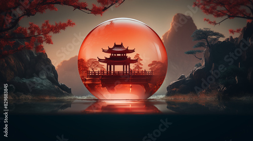 there is a red ball with a pagoda inside of it photo