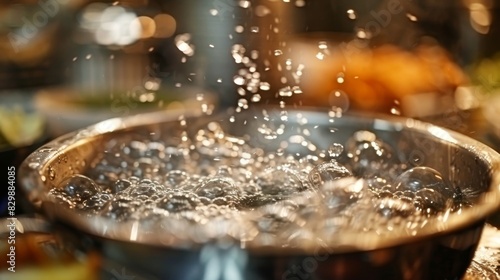 Craft an image of bubbles forming in a boiling pot of water