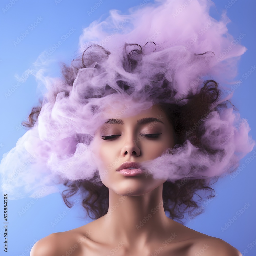 Young woman surrounded by a purple pink cloud of smoke. Generative AI.