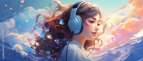 young girl listening to music in anime style