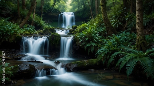 The serene beauty of a cascading waterfall hidden deep within a lush  emerald forest ai_generated