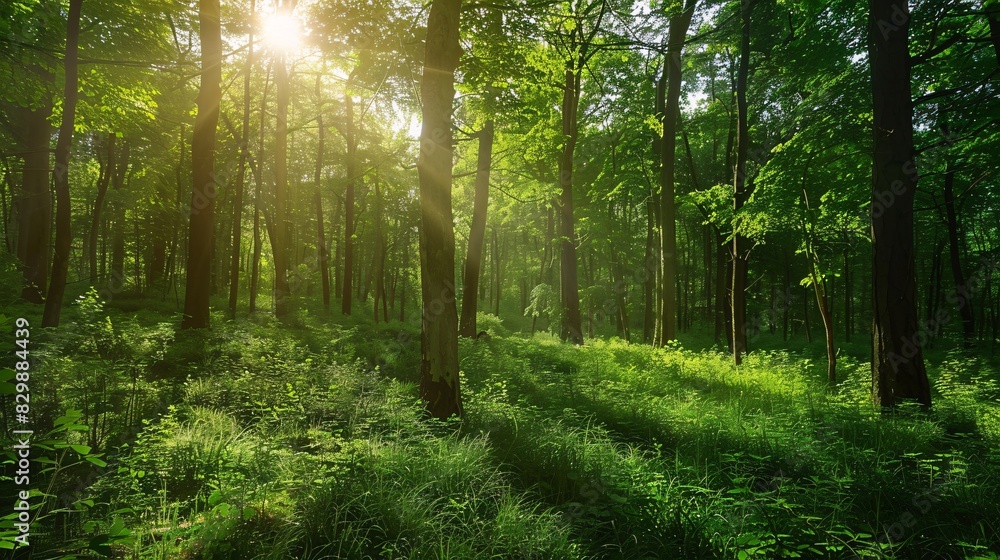 A Lush Green Forest with Sunlight Streaming Through Celebrating Environment Day and Sustainability A Lush Green Forest with Sunlight Streaming Through Celebrating Environment Day and Sustainability