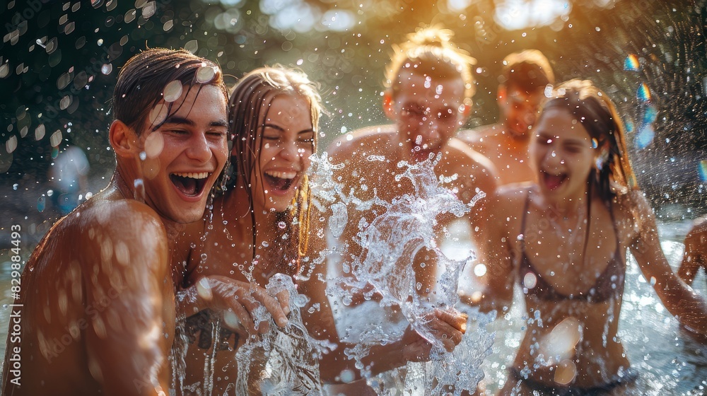 Obraz premium Craft an image of friends splashing each other in a playful water fight