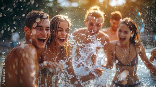 Craft an image of friends splashing each other in a playful water fight