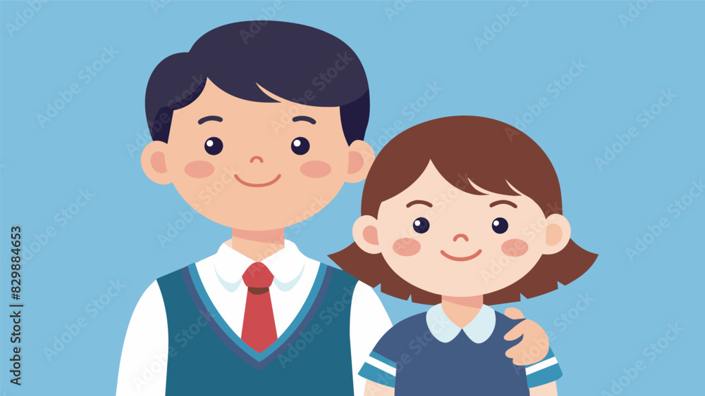 An older student poses with their younger sibling who is dressed in their adorable school uniform for a touching first day of school photo showcasing the bond between siblings.. Vector illustration An older student poses with their younger sibling who is dressed in their adorable school uniform for a touching first day of school photo showcasing the bond between siblings.. Vector illustration