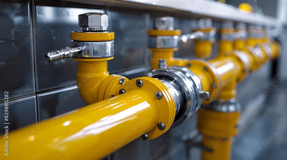 Close-up shot of a yellow gas pipe repair in a kitchen, highlighting the tools and materials used in the installation process Close-up shot of a yellow gas pipe repair in a kitchen, highlighting the tools and materials used in the installation process