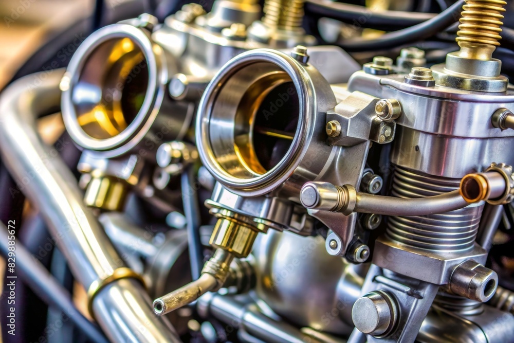 Obraz premium A detailed view of the motorcycle carburetor, with visible fuel lines, valves, and adjustment screws, highlighting the intricacies of the fuel delivery system