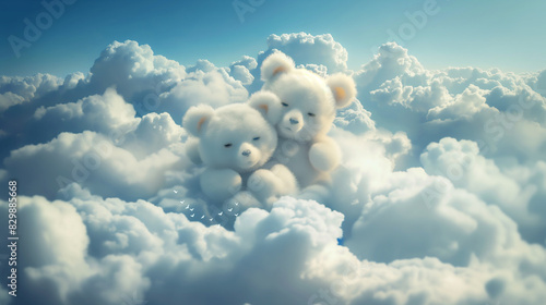 there are two teddy bears sitting on top of a cloud photo