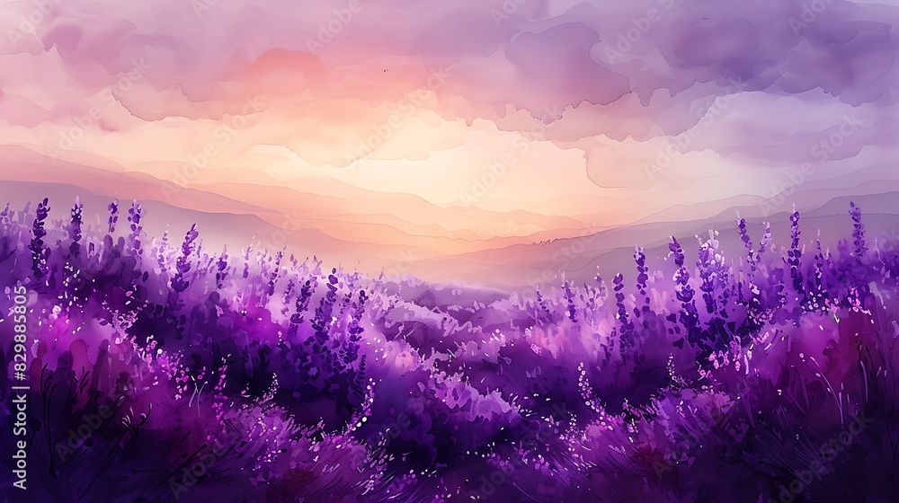 A dreamy watercolor wash of a lavender field, gentle and soft strokes, gradient of purples, tranquil and serene, delicate blooms swaying, light and airy composition, misty morning light.