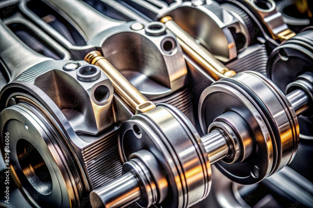 A macro shot of the piston and crankshaft assembly, with visible piston rings, connecting rods, and crankshaft bearings, emphasizing the heart of the engine's movement. A macro shot of the piston and crankshaft assembly, with visible piston rings, connecting rods, and crankshaft bearings, emphasizing the heart of the engine's movement.