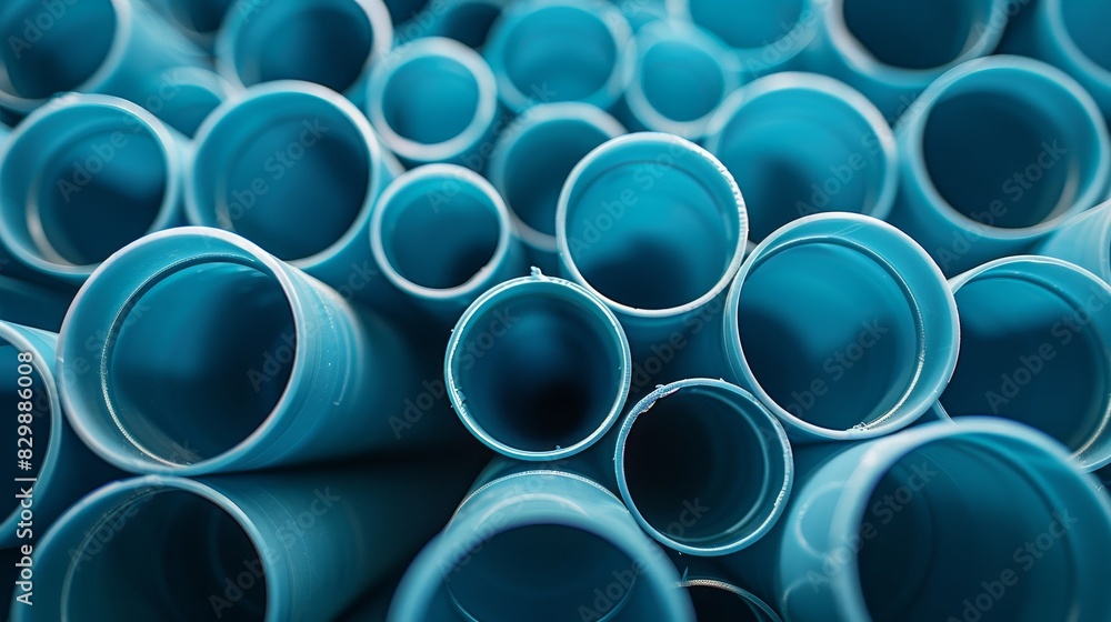 Close-up of blue PVC pipes stacked neatly in a warehouse, showing the texture and smooth surface of the pipes