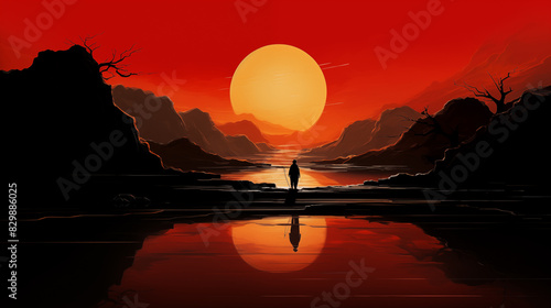 there is a man standing on the shore of a lake at sunset photo