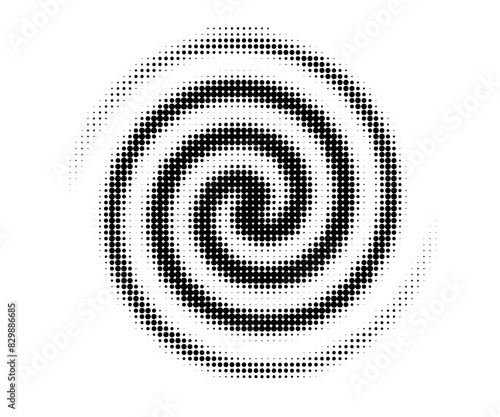 Twisting spiral with gradient blur and halftone texture. Circular splash swirl. Radial graphic vector element with dot pattern and edge fade