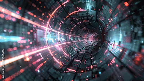 Fototapeta Naklejka Na Ścianę i Meble -  3D rendering of a futuristic tunnel with glowing lights.