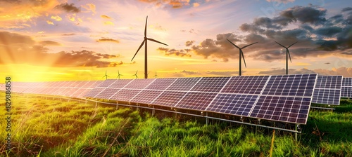 A solar panel farm stands in an open field with wind turbines in the background, symbolizing the advancement of green energy and sustainable development. Beautiful green energy landscape.