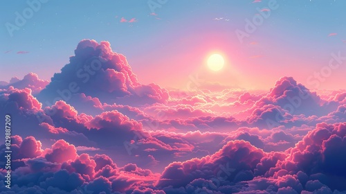 Design a minimalist illustration featuring puffy clouds against a colorful sunset sky. Use soft, pastel colors and simple shapes to convey the ethereal beauty of the clouds as they catch the last photo