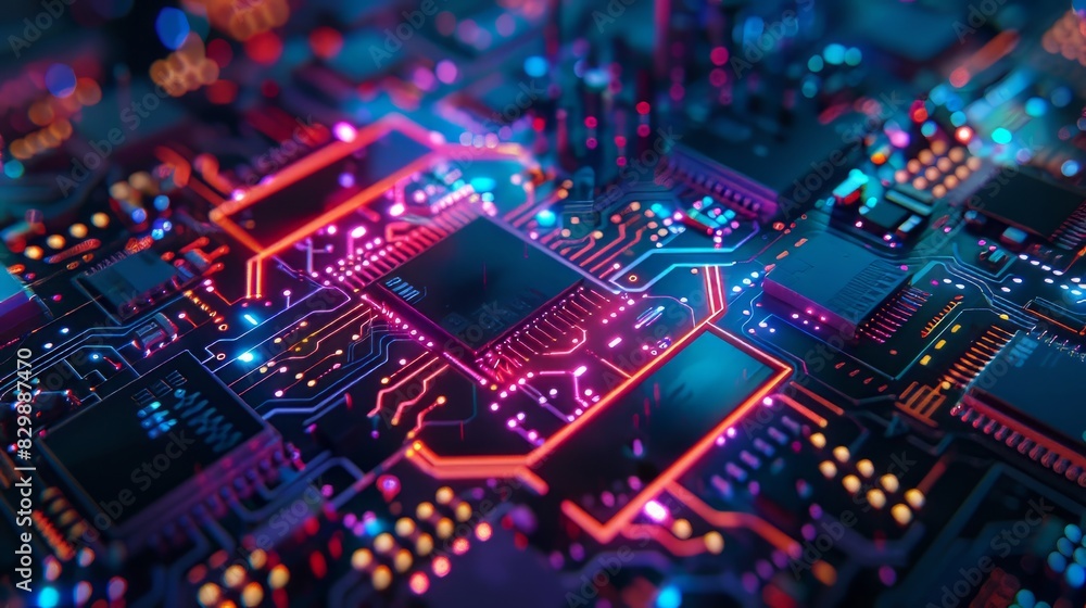 circuit board with a glowing purple and blue light. circuit board with a glowing purple and blue light.