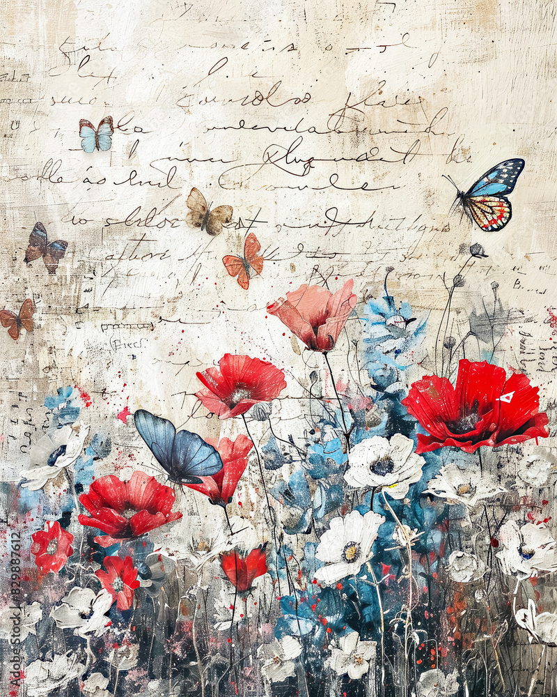 Fototapeta premium Vintage Red Blue Floral and Butterflies Background in Distressed Style
