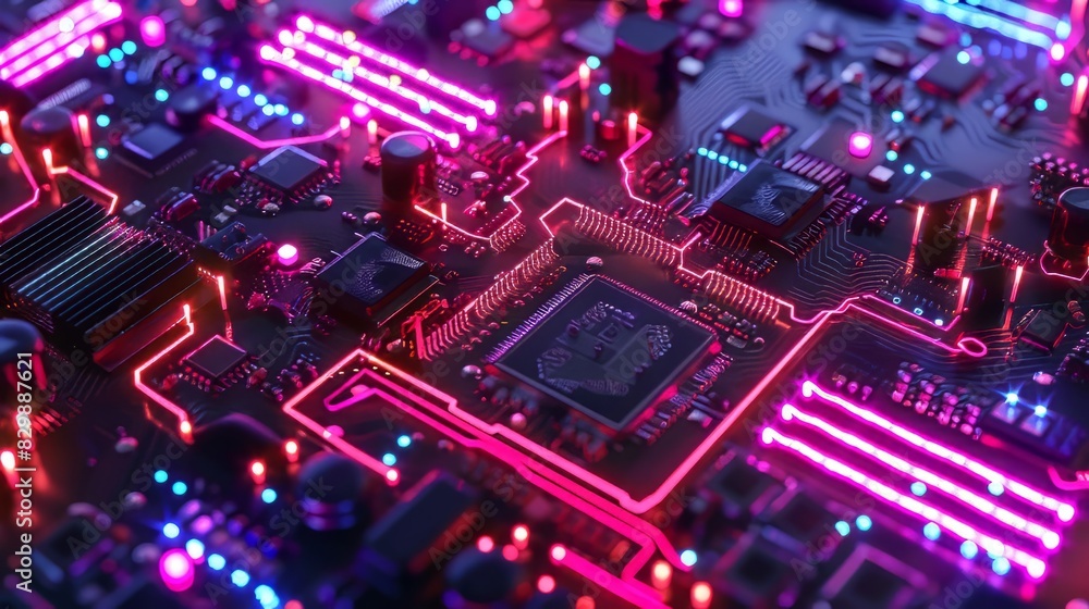circuit board with a glowing purple and blue light circuit board with a glowing purple and blue light