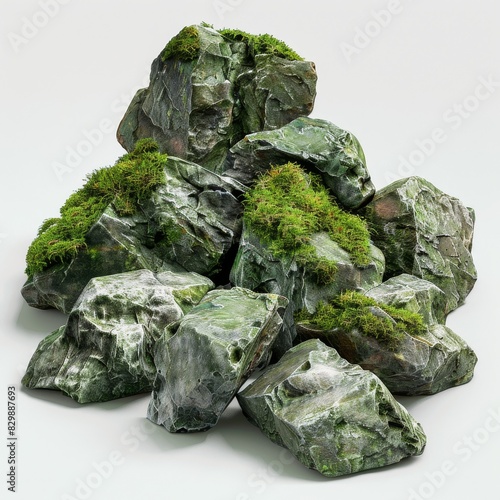 A mesmerizing pile of moss-covered rocks rests on a pristine white background. Hyper-realistic photo captures every detail with stunning sharpness