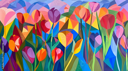 abstract tulip field with bold colors and geometric shapes. generative ai