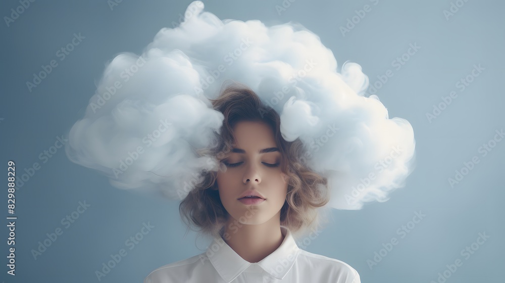 Beautiful woman surrounded by clouds. Restless mood and relaxation concept. Generative AI. Beautiful woman surrounded by clouds. Restless mood and relaxation concept. Generative AI.