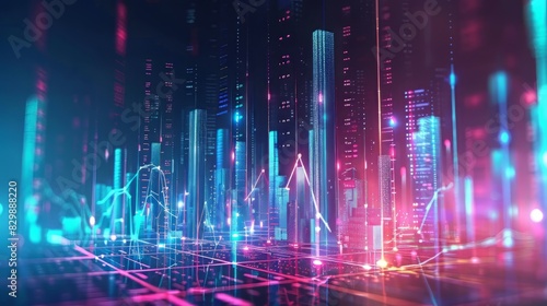 digital landscape with glowing blue and pink skyscrapers and a grid of glowing lines in the foreground.