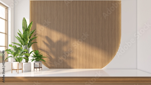 Fototapeta Naklejka Na Ścianę i Meble -  Modern japan style empty room with a raised wooden floor and wood slat wall arch. On the side are green indoor plant. 3D rendering
