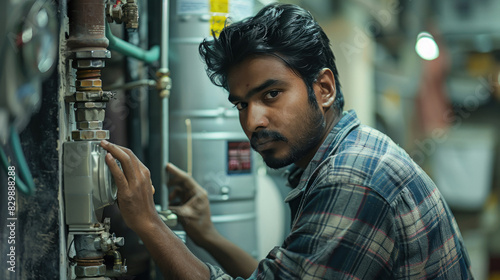 young indian plumber fixing a water heater photo