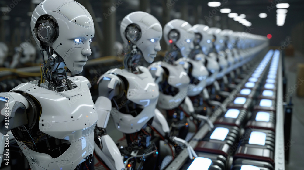 group of humanoid robots standing in a row group of humanoid robots standing in a row